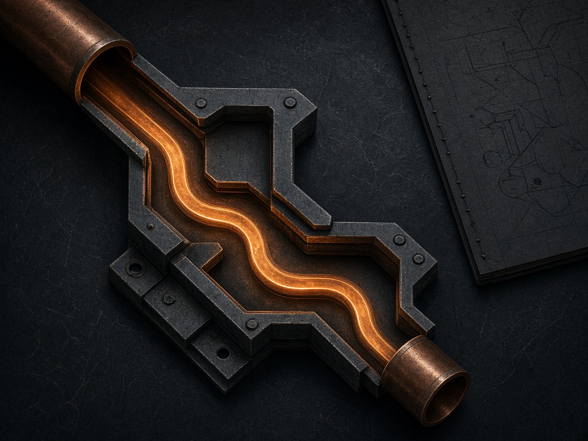 Copper drain-flow cutaway on a dark field notebook surface