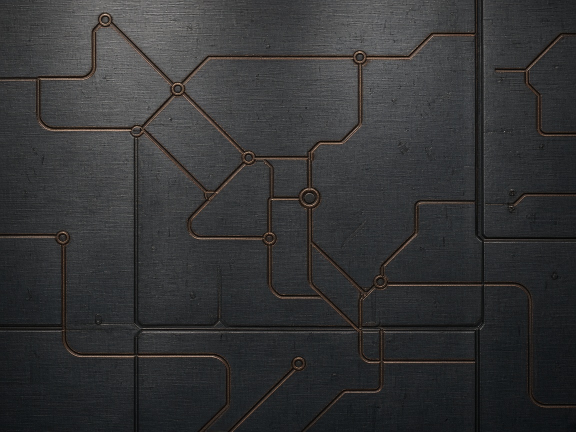 Etched copper pathways on brushed dark metal