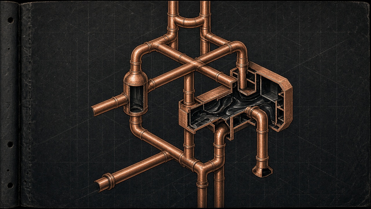 Isometric copper pipe routing on a dark notebook field